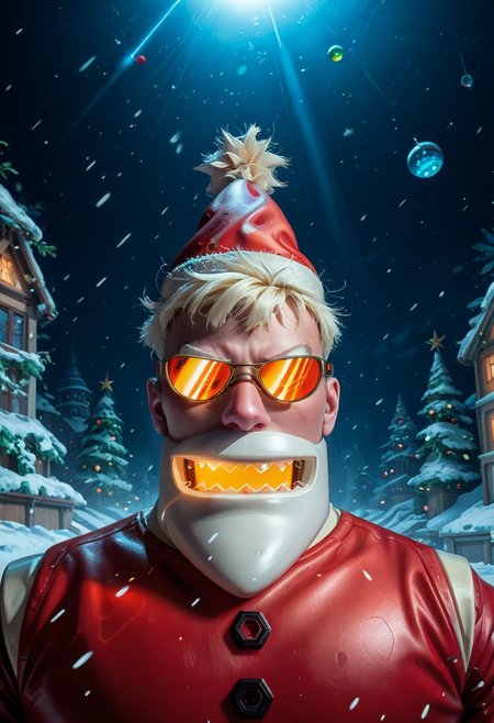 score_9, score_8_up, score_7_up,  Robotic Santa Claus in sunglasses   portrayed amidst a Datastream Disruption, surrounded by cascading code and digital noise. Use glitchy green and red tones to highlight the chaotic interference in the digital realm