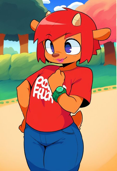 score_9, score_8_up, score_7_up, (by oughta, by dagasi), Lammy lamb(um jammer Lammy)  Red hair, orange fur, short hair, anthro, horns, blue jeans, red T-shirt with white splash smiling face, pink lipstick, blue eyes, green watch, standing, sunny day, park background <lora:Lammy:.8>
