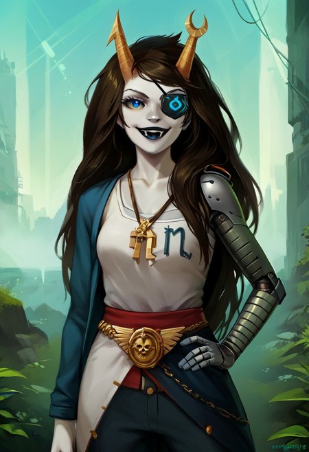 score_9, score_8_up, score_7_up, HD, best quality, masterpiece, rating_safe, detailed, Expressiveh, solo, w4rh4mm3r style oil painting, grimdark, (cyberpunk:0.5), vriska serket, 1girl, grey skin, horns, blue lips, yellow sclera, blue pupils, blue eyes, eyepatch, robotic arm, fangs, teasing, smug smile, smug eyes,