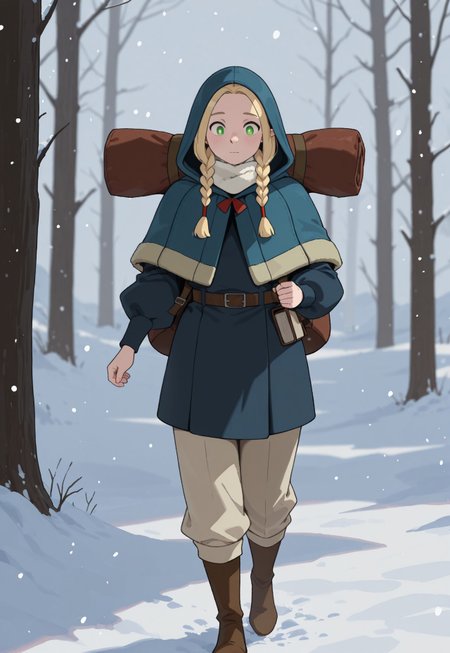 masterpiece, best quality, amazing quality, very aesthetic, absurdres, 1girl, solo, female focus, blonde hair, green eyes, WinterMarcille, HairTwinbraids, snow, outside, snowing, walking, backpack, WinterMarcille, alternate costume, blue hooded capelet, hood up, white neck warmer, blue coat, puffy long sleeves, fur-trimmed coat:1.6, brown belt, beige pants, brown boots, tree
