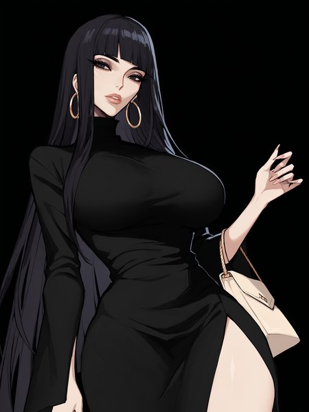 score_9, score_8_up, score_7_up, score_6_up, score_5_up, score_4_up,
BREAK
1girl, black hair, hime cut, blunt bangs, straight hair, black eyes, long eyelashes, hoop earrings,
BREAK
solo, from below, black dress, large breasts, side slit, holding purse,
BREAK
black background, dark, simple background, <lora:Lunas-Ennuigrl-SDXL-A1:1>
