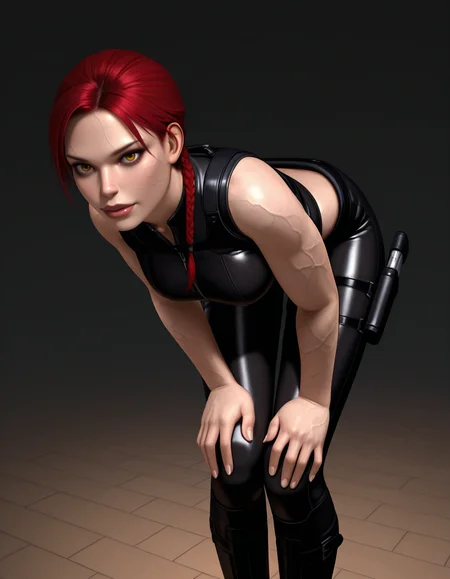 Masterpiece, high-res, 2k, best quality, 2.5d, realistic, 1 girl, laradopple, medium shot, black veins,  <lora:laradopple-000037:1>   Bent over hands on knees
