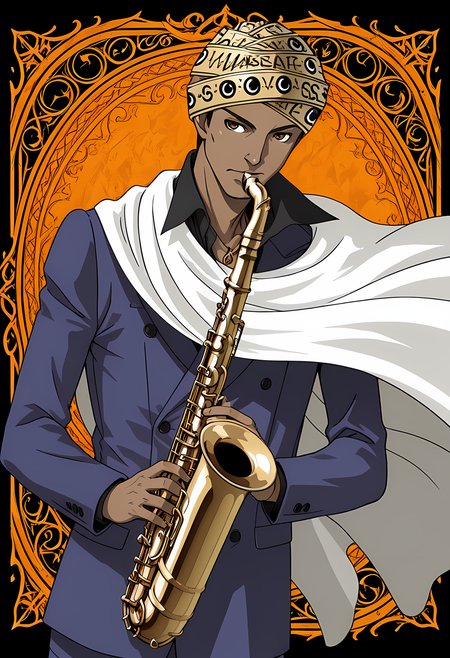masterpiece, best quality, amazing quality, dutch angle, abstract background, BREAK
1boy, solo, male focus, sh_judah, head wrap, dark skin, brown eyes, blue suit, cape, saxophone, holding instrument, BREAK
<lora:cfg_scale_boost:.6> <lora:Judah_Singh_-_Soul_Hackers_-_ILXL:1>