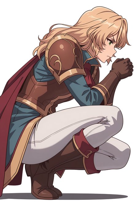 Smooth Quality,masterpiece,very intricate, high quality details, ultra realistic, high detailed skin,detailed enviorement,absurdres,
simple background, white background,
from side,frown,crouching, hands together, foot forward, intense, ready,  ,
 <lora:Blade_cnn:0.8>bladecnn,1girl,  blonde hair, green eyes, long hair, armor, uniform, long sleeves, gloves, white pants, ascot,shoulder armor,cape, coat,