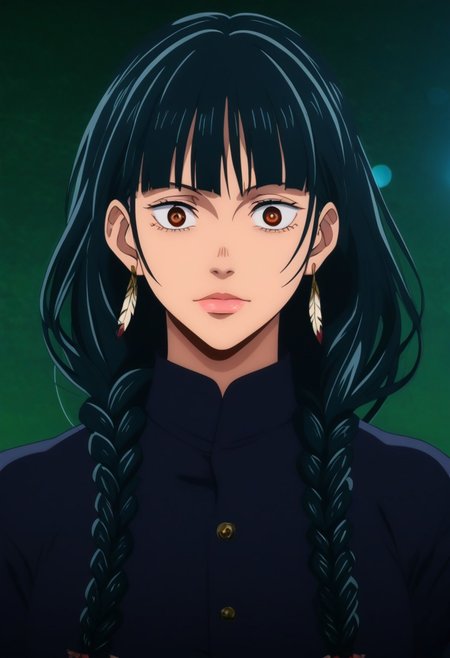 score_9, score_8_up, score_7_up, source_anime, intricate details, anime screencap, perfect balance, official art, extremely detailed CG unity 8k wallpaper, perfect lighting, Colorful, Warm_Front_face_Lighting, (masterpiece:1.0),(best_quality:1.0), ultra high res,4K,ultra-detailed, photography, 8K, HDR, highres, absurdres:1.2, Kodak portra 400, blurry background, bokeh, lens flare, (Anime) (vibrant_color:1.2), professional photograph, night, (cute_face:1.2), 2d, anime, upper body, intricate iris, American, Professional character design, 1girl, female focus, (Brown eyes), perfect eyes, (black-hair), Native American, Indigenous, American Indian, youthful, solo, jujutsu_kaisen_style, character portrait, (perfect-lighting), face, young, (Dark-black-hair), Long hair, (Native American), Indigenous, American Indian, (((wild eyes))), (Native North American), (Upturned eyes), (high cheekbones), (strong jawline), (Black Hair), ((((Native-American-Eagle-feather-braids, Native American Eagle feather accessories)))), (Black Cowboy Jacket), (((wild eyes))) ((Bobbed Bangs)) (((Slanted-Eyes))) (Psycho) (Happy) (Friendly) (Goofy) (Dark Black Jacket) (White Dress Shirt), (Warpaint), (Redwood Forest, Pacific Northwest Forests), (Inuit), (Tan skin), (Dark Skin), (Brown skin), (bobbed hair), White Eagle-Feather-Earrings, Thick Bangs, Bobbed hair, Bob-cut, White-Feather-Earrings, Brown-skin, Inuit Face-paint, Full-Bangs, Wide-Bangs, Thick-Hair, Native Face-paint