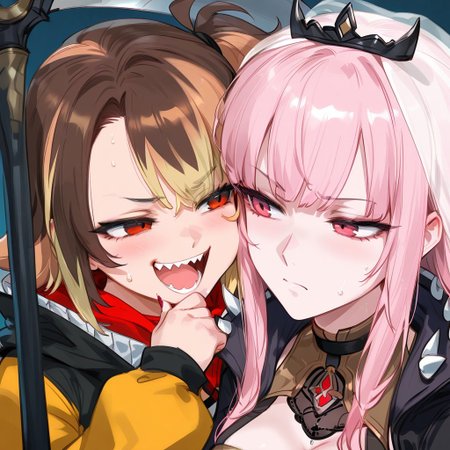 (2girls masterpiece, perfect quality, best quality, absolutely eye-catching, absurdres), highres, newest, 
mori calliope, pink hair, red eyes ,long hair, red eyes, scythe, annoyed, sighing ,looking to the side, tired, funny expression, BREAK,
gigi murin, sharp smile, outgoing, brown hair, multi-colored hair, smiling, funny expression, pink eyes, annoying, laughing,, chocopizza, gremlin