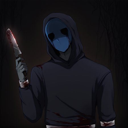 <lora:Eyeless_Jack:1> jack, hood, solo, blue mask, 1boy, male focus, grey skin, masterpiece, high quality, close view, surgical mask, blood on clothes, <lora:DarkerThanBlackIllustrious:1> masterpiece \(quality\), dark, dim lighting, dark forest background, holding machete, bandages,