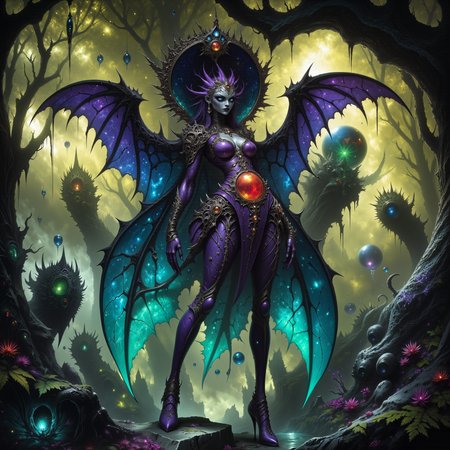 highly detailed, intricate, detailed background, famous artwork inspired by (amanda clark:1.2) and (steve prescott:1.1) and (raymond swanland:1.1), fractal art, gothic scifi style, dynamic angle, the worryingly (beautiful:1.8) "xenial soulmonderess" is a highly poisonous life form with (brightly colored intricate wings:1.1), they inhabit the enchanted confrectioned glades of the lush forests of planet "fransilicar tertius" hunting the air for the softly (glowing spores:1.3) of the psorbified lormshmogtree, golden ratio, in the style of ck-ovf, amanoer, arsmjstyle, dnddarkestfantasy, aidmamj6.1, 
<lora:style-oneviolentfantasy-ep21-flux-by_chronoknight:0.48> 
<lora:style-yoshitaka_amano-elden_ring-flux-by_alicient:0.32> 
<lora:style-dnd_dark_fantasy-flux-by_arsmachina:0.68> 
<lora:midjourney_61-v0.4-flux-by_aidma:0.52> 
<lora:faetastic_details-flux-by_faeia:0.8>