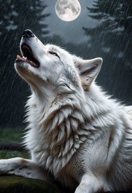 white wolf, sad, determined. lonely wolf, abandoned by his pack, looking at his friends from far away, (((howling)))m white fur, Royal, in a heavy rain, full moon, it's head is down, Photorealistic, volumetric shading, Hyperdetailed, Dystopian, Elemental, Ethereal, Photorealistic, perfect composition, beautiful detailed, 8k artistic photography, soft natural volumetric cinematic perfect light, award - winning photograph, masterpiece,