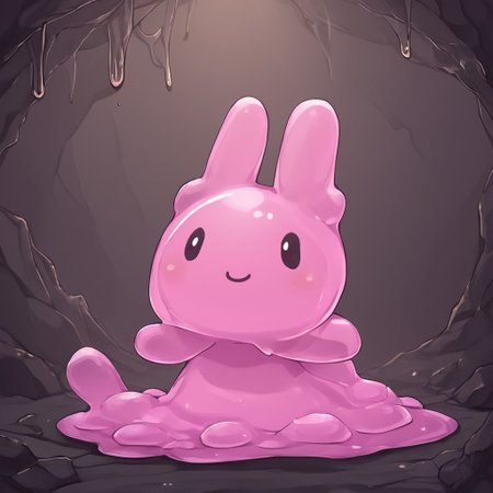 In a cave showing light above,sl1m3d,slime-morph,Mymelo made out of slime, anthro, 1female,hooded capelet, pink ears,solo,smile at you on a cute way,beautiful,high-quality,