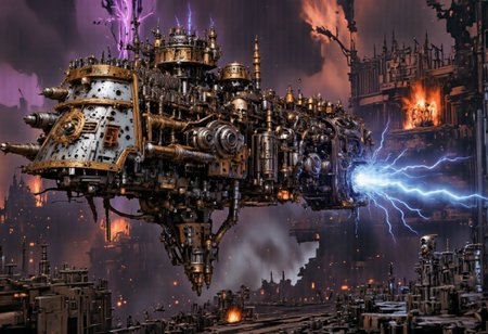A desolate, war-torn planet shrouded in a pall of smoke and ash, its once vibrant surface now a cracked mosaic of lifeless grey. In the foreground, the skeletal remains of a city rise like ghostly sentinels, their twisted metal frameworks and crumbling spires a silent testament to the cataclysm that has ravaged the world. The sky is a tumultuous canvas of bruised purples and oranges, illuminated by the flickering glow of distant explosions and the stark, artificial light of the descending dusk. Above this barren tableau, a monolithic Mechanicus warship looms ominously, its hull scarred and pitted from countless battles. The ship is a bastion of mechanical might, bristling with weaponry and adorned with the sacred cog-and-skull insignia of the Adeptus Mechanicus. Arcs of electric-blue electro-static discharge crackle and dance around the warship's form, casting an eerie luminescence that pierces the gloom. The discharge seems almost alive, a manifestation of the ship's powerful engines and the arcane technologies it wields. As it drifts closer to the planet's surface, its shadow stretches out like a dark, predatory hand, hinting at the imminent arrival of the relentless forces within, poised to reclaim or reshape this shattered world in the name of the Omnissiah.