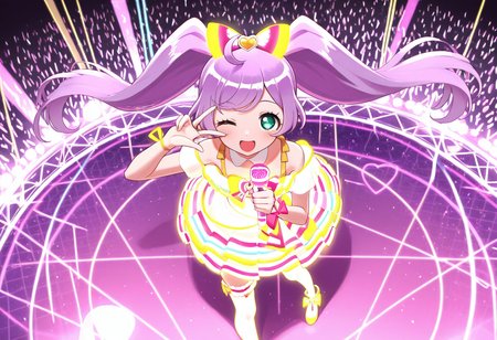 best quality, masterpiece, absurdres, manaka laala, holding microphone,  one eye closed, idol dress,   glowing dress,  thighhighs, from above,   heart, bazillium live, solo <lora:manaka_laala:1> <lora:bazilliumlive_Illust_v1:0.8>