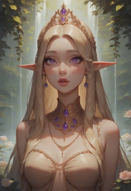 score_9,score_8_up,core_7_up, Expressiveh, heart shaped face, high cheekbones, rounded chin, pale skin, matuer elf, older lady, queen, elf ears, large almond shaped eyes, Violet eyes, Perfect eyes, thick lashes, long waterfall hair, golden blonde hair, blonde hair, very long hair, Full lips, Tall slender figure, Modest  shapley bust, Narrow waist, Elongated torso, rounded hips, 
flowing, floor-length dresses of translucent gossamer, which shimmer like dew-kissed spider silk. These gowns are adorned with intricate embroidery in silver and gold thread, depicting the flora and fauna of the Enchanted Glades. jewellery, pearl neckless,