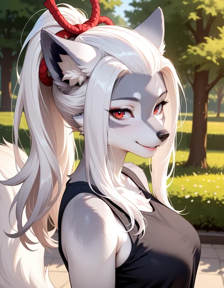 masterpiece, best quality, very aesthetic, absurdres,
outdoors, casual, 
upper body, posing, headshot, 
seductive smile, parted lips, long eyelashes,
<lora:Hakuro_v01_NAIXL:1>
H4kur0,1girl,solo,furry,furry female,wolf girl,white hair,long sidelocks,bangs pinned back,ponytail,red eyes,snout,animal nose,body fur,two-tone fur,grey fur,white fur,wolf tail,