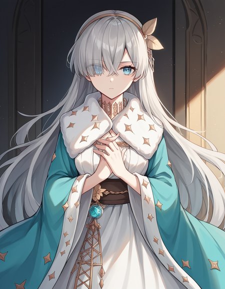 score_9, score_8_up, score_7_up, source_anime, <lora:fgo-anastasia-ponyxl-lora-nochekaiser:1>, anastasia, blue eyes, grey hair, hair between eyes, hair over one eye, long hair, bangs, medium breasts,, blue cloak, brown hairband, cloak, dress, fur trim, hairband, royal robe, sash, tachi-e, white dress, wide sleeves,, museum, art exhibit, paintings, observing, quiet contemplation, cultural experience, , , arm crossed over chest, solo,, cowboy shot, dutch angle