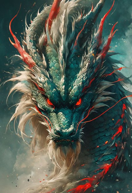minimalism style, WLOP art style, a character worrior , facial muscles,  eye light, dragon behind, cinematic foootage,  fantasy, intricate details,8k post production,dark green blue red white gold tone
