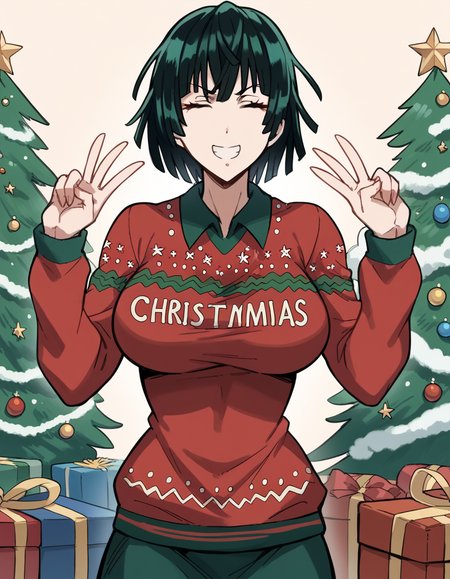 score_9, score_8_up, score_7_up, source_anime, <lora:opm-fubuki-anime-s1s2-ponyxl-lora-nochekaiser:1>, fubuki, fubuki (one-punch man), black hair, short hair, large breasts, <lora:christmas-sweater-ponyxl-lora-nochekaiser:1>, christmas sweater, christmas, ugly sweater, print sweater, red sweater, christmas tree, christmas ornaments, sweater, multicolored sweater, , v, smile, hands up, teeth, closed eyes, cowboy shot,