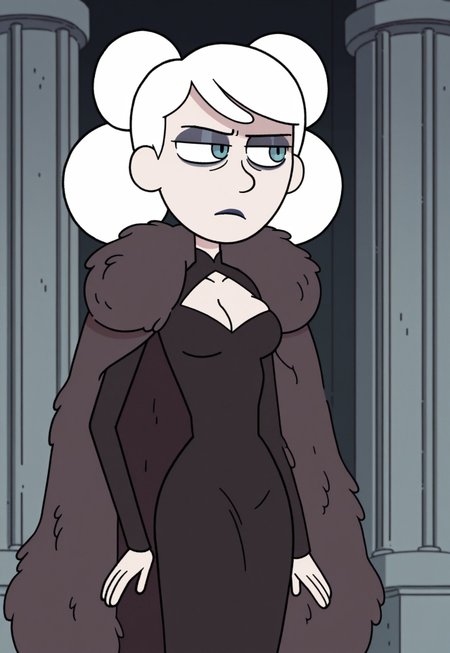 Hildstyle, 1girl, solo, breasts, slim, delicate features, sensual glare, pale skin tone, light skin, blue eyes, makeup, dark lipstick, regal dress, black dress, breasts cutout, cleavage, (white fur palantine, fur cape), white hair, two buns, medium shot,