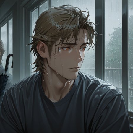 masterpiece, best quality, amazing quality, absurdres, newest, detailed background, definition so sharp, Ultra-HD, 8K cinematic, very awa, impressionate, amazing quality, highres, 
solo, male focus, manly, shadow, shiny skin,
ekusoushizumu, ekusou_brunette, ekusou_orange eyes, 1boy, short hair, sideburns, stubble, rainy_day, window_pane, raindrops, wet_hair, reflections, muted_colors, calm, peaceful, indoors, looking_out_window, umbrella, puddles, soft_light