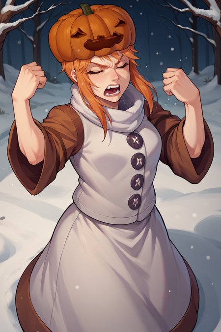 score_9, score_8_up, score_7_up, score_6_up, source_anime BREAK 1girl, solo  <lora:mcsnowgolem-pdxl-nvwls-v1-000005:1> sgolem, pumpkin hat, white coat, orange sleeves, white skirt, buttons, closed eyes, serious, yelling, fists, fighting stance, snow, hands up