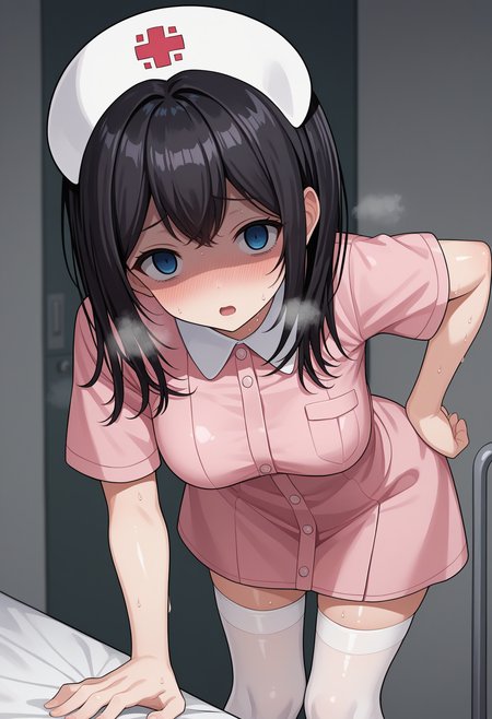 score_9, score_8_up, score_7_up, source_anime, rating_explicit,
BREAK
1girl, solo, 
<lora:shiYumenaIshikawaV1:1>, shinishikawa, 
long hair, hair between eyes, blue eyes, empty eyes, 
pink shirt, black hair, white headwear, 
nurse cap, nurse, short sleeves, pink dress, thighs, legs, standing, white thighhighs, 
medium breasts, shiny skin, 
looking at viewer,  blush, aroused, sweat, 
leaning forward, pointing at viewer, hand on own hip, shaded face, open mouth, heavy breathing,