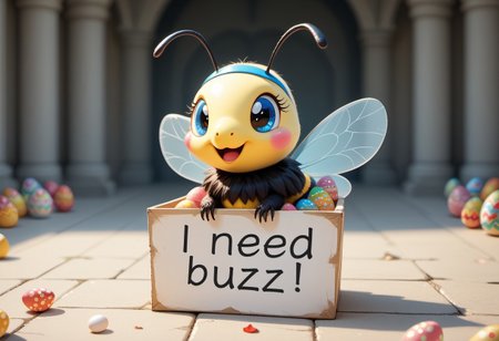 masterpiece, score_9_up, score_8_up, score_7_up, score_6_up, source_furry, (best quality:1.1), ultra-detailed, high resolution, highly detailed macro illustration, solo BREAK 1girl,, feral, bee female,  blue eyes, BREAK wearing a bunny headband, BREAK need_buzz, holding sign, sitting in an easter basket, BREAK sharp focus, perfect lighting, anatomically correct, extremely detailed, tranquil setting, high detail, Expressiveh, happy, content, detailed background, OverallDetail, zPDXL3