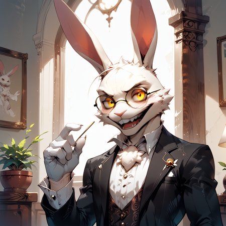 score_9, Score_8_up, Score_7_up, 6k, 8k, best quality, Furry, Anthro, seductive, furry, sexy male, (DMCRabi, White Rabbit, tall and slim, yellow eyes, crazy, bunny, wearing a black suit, white cravat, ruffled cuffs, glasses with round lenses, white gloves), inside a compact studio apartment, minimalist furniture, small kitchenette, framed art on the walls, Neutral tones, , <lora:IncaseLycoXL:0.6> <lora:Expressive_H:0.5> <lora:g0th1cPXL:0.5> <lora:princess_xl_v2:0.6> <lora:DMCRabi:0.8> <lora:Fant5yP0ny:1>