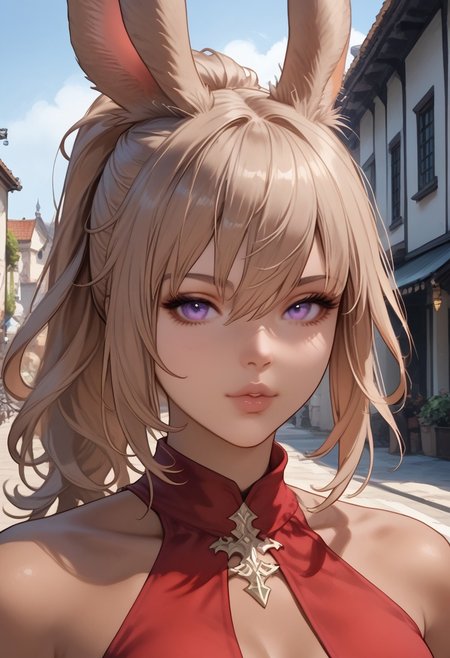 score_9, score_8_up, score_7_up, score_6_up, score_5_up, score_4_up, FFXIV_Viera, solo, looking at viewer, 1girl, rabbit ears, (dark skin), light brown hair, purple eyes, long hair, ponytail, sidelocks, hair between eyes, bangs, perky breasts, thick thighs, fit body, narrow waist, wide hips, 
((portrait, close up, focus on her face, upper body)), final fantasy red mage, red mage, arms on hips, expressive eyes, photo background, final fantasy XIV city, street, limsa lominsa