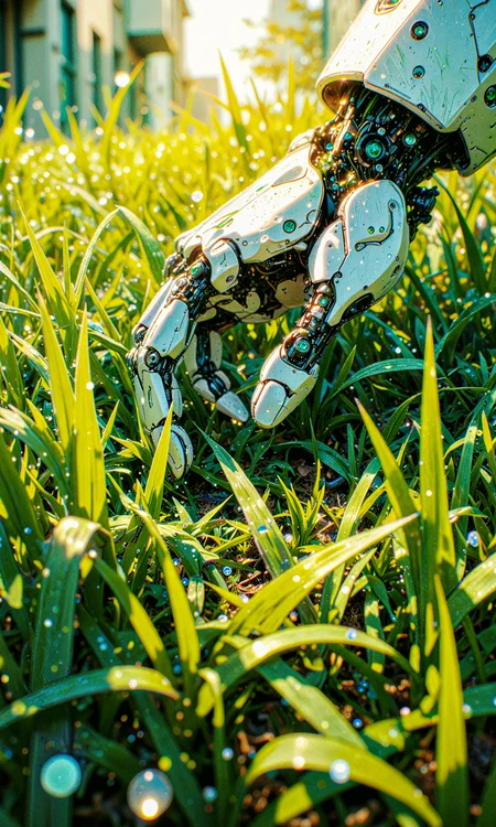 A close-up shot of a robotic hand gently touching lush, vibrant green grass. The view is from above, capturing only the mechanical fingers resting among the dense, finely textured blades. Tiny dewdrops cling to the grass, reflecting soft ambient light. The metallic surface of the robotic hand contrasts with the organic texture of the grass, blending futuristic technology with nature. The atmosphere is serene and detailed, with subtle highlights on both the metal and the moisture-covered grass. <lora:RealAnime:0.9> <lora:aidmaMJ6.1-FLUX-v0.5:0.2> <lora:Techno_Digitalis:0.6>