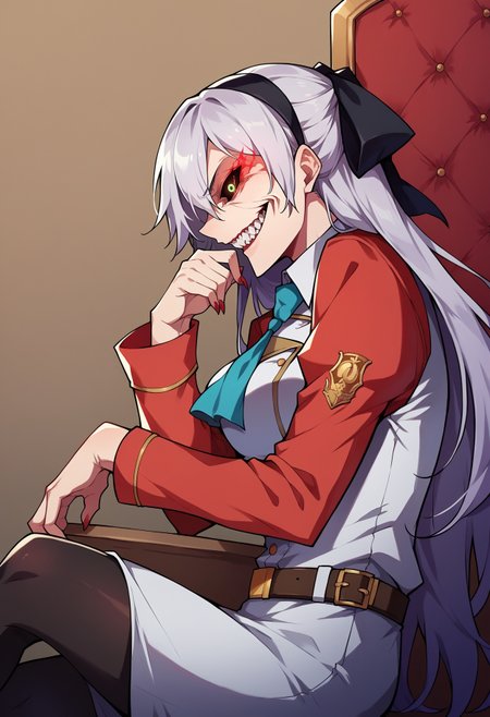 score_9, score_8_up,score_7_up,score_6_up, source_anime,solgo, sharp teeth, evil grin, black sclera, glowing eyes,portrait, zeroElie, black hairband, hair ribbon, long hair, ascot, uniform, long red sleeves, white dress, pencil skirt, belt, black pantyhose,sitting on throne, green eyes,from side,
 <lora:Solgo-grin-v1-potat:1> 
<lora:elie-pdxl-nvwls-v1:1>