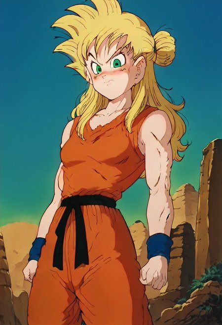 score_9, score_8_up, score_7_up, zPDXLpg, dbstyle, 1girl, solo, , GGokuSS, blonde hair, green eyes, big eyeballs , spiked hair , long hair  , hair up ,  eyelash , lips  , cute , blush ,  medium breast , muscle , wide hips, narrow waist, frown, angry, Torn clothes, orange dougi, blue sash, blue wristband, sleeveless , orange pants, orange topwear,  blue undershirt, closed_mouth, low angle, fullbody shot, looking down at viewer, outdoors, blue sky, sun, desert