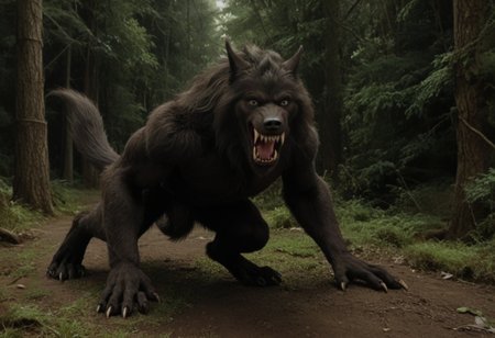 score 9, score 8, score 7, score 6, 1boy, furry male, solo, black fur, animal ears, yellow eyes, sharp teeth, claws, werewolf on down on all paws with tail in the air, (wagging tail, trying to look friendly), forest