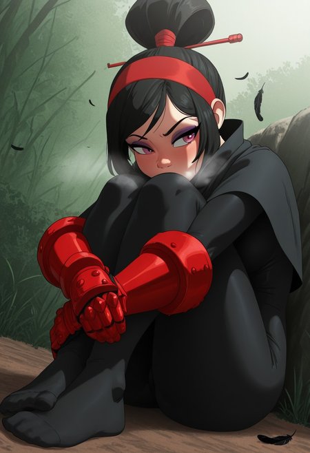 inkercomics,  outdoors, undershirt, falling feathers, black bodysuit, hair stick, hugging own legs, , gauntlets,   eyeshadow,   red gloves,  high ponytail,  , black capelet, red hairband, pink eyes, 1girl, solo, feet, visible breath,   dynamic angle, foreshortening, smell, steam,