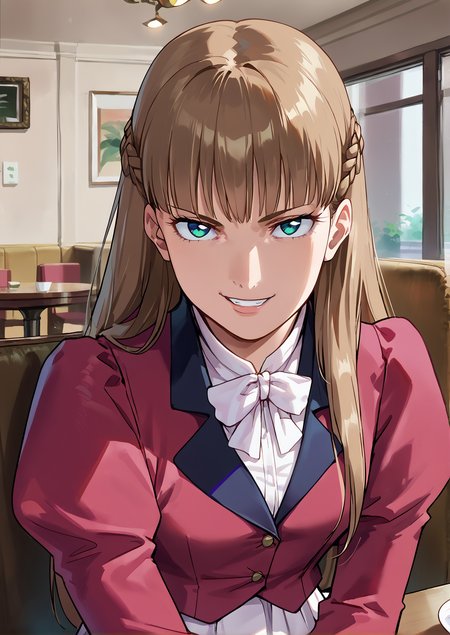 score_9,score_8_up,score_7_up,masterpiece, best quality, <lora:WHM 0.2v:0.5>, WHM, 2D,anime,
 smile, grin, evil smile, looking at viewer, upper body, <lora:JustAsPlannedMeme_pdxl_Incrs_v1:0.9>, 1girl, 
 looking up, 
BREAK
<lora:Relena_Darlian_Gundam_Wing_Pony:0.8>,relena,1girl,solo,blue eyes,brown hair,long hair,bangs,side braids,white shirt,bowtie,red jacket,juliet sleeves,pleated skirt,white skirt,sitting,indoors,cafe,looking at viewer,green eyes,