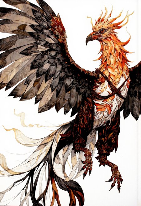 A phoenix in mid-burnout, wings shattered into origami folds, its body unraveling in stitched-together cloth and charred linework, flickering between despair and rebirth; its feathers a swirling chaos of black ash and luminous rose gold. Like a folk myth redrawn by a grief-stricken futurist in ink and fire.