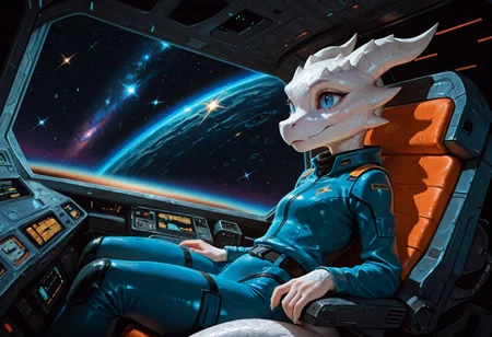 masterpiece, best quality, absurdres, depth of field, realistic, photography \(artwork\), solo, girl, kobold, (white scales:1.2), intricate colorful scales, horns, blue eyes, (cute:0.6), slit pupils, sitting  in the cockpit of a spaceship, leaning_back, scifi pilot blue suit, dutch angle, from_side, asteroids, stars, space, <lora:ck-70s-scifi-IL:0.9>