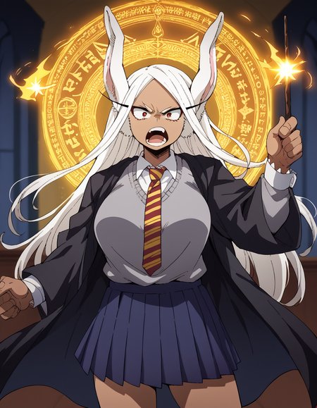 score_9, score_8_up, score_7_up, source_anime, <lora:rumi-usagiyama-ponyxl-lora-nochekaiser:1>, rumi usagiyama, long hair, animal ears, white hair, dark skin, rabbit ears, dark-skinned female, rabbit girl, red eyes, parted bangs, large breasts, <lora:hogwarts-school-uniform-ponyxl-lora-nochekaiser:1> hogwarts school uniform, black robe, holding wand, wand, necktie, striped necktie, collared shirt, sweater, pleated skirt, grey sweater,, open mouth, casting spell, energy, magic circle, glowing, indoors, castle, shouting, angry,, cowboy shot,