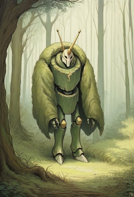 Highres, Masterpiece, High Quality, (masterpiece, best quality, highly detailed),
score_9, score_8_up, score_7_up, 
drawing, in the style of Beatrix Potter, 
giant robot standing in the forest, dramatic light, daytime,