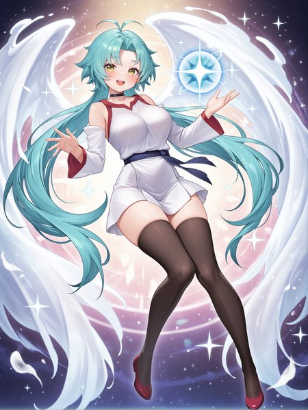 effect veiler, 1girl, solo, large breasts, blush, looking at viewer, open mouth, smile, collarbone, :d, teeth, sparkle, magic, black choker, white sleeveless dress, white detached sleeves, blue sash, red shoes, black thighhighs, see-through angel wings, full body,
masterpiece,best quality,amazing quality,very aesthetic,absurdres,newest,<lora:Effect Veiler illusXL v1:0.73>,