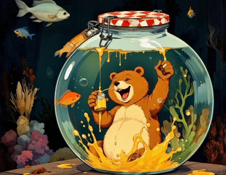 horror style <lora:bear:1>, This is a digital illustration featuring a cheerful anthropomorphic bear inside a large, clear glass jar filled with honey. The bear, with a warm brown fur coat and a light beige underbelly, is depicted with a wide, joyful smile and open mouth, as if it's about to say something or laugh. The bear is holding a small jar of honey in its right paw, with honey dripping from its mouth and the jar, creating a dynamic, lively scene. The honey within the jar is depicted as a vibrant yellow color, with bubbles and splashes adding to the sense of motion. The jar is sealed with a red and white checkered lid, secured with a metal clasp. The background is a serene underwater scene, with various colorful fish and plants visible through the glass, enhancing the whimsical and playful atmosphere. The overall style is cartoonish, with smooth, rounded edges and a bright, cheerful color palette. The texture of the bear's fur and the honey are rendered with a smooth, glossy finish, giving the image a polished and vibrant look. . dark, eerie, gothic, macabre