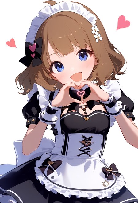 1girl,
suou momoko,


blush, white apron, chest harness, hair ornament, dress, heart hands, maid headdress, white background, ahoge, maid, hands up, smile, short hair, cowboy shot, frilled apron, apron, bowtie, black bow, thigh strap, frills, wrist cuffs, standing, open mouth, blue eyes, heart, bow, looking at viewer, black dress, maid apron, puffy sleeves, brown hair, solo, hair bun, :d, sidelocks, hair bow, short sleeves, harness, puffy short sleeves, black bowtie, single hair bun, hair flower, flower,

sfw
<lora:a31_char_new_suou_momoko-000026:1> <lora:a31_style_koni-000010:0.8>