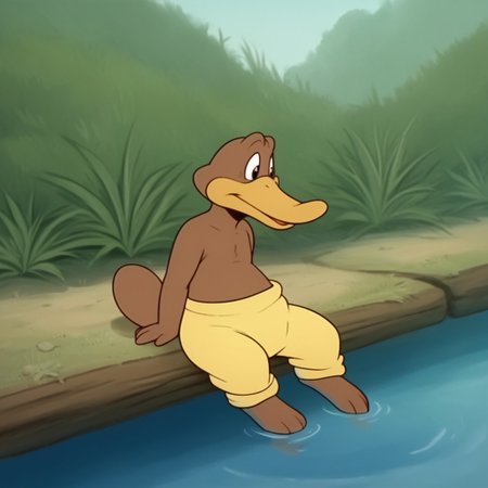 score_9, score_8_up, score_7_up, score_6_up, score_5_up, score_4_up, source_furry, Flapbbv2, semi-anthro, male, Platypus, brown fur, duck-billed, webbed feet, yellow pants, sitting, next to a stream, feet in water, in the forest,