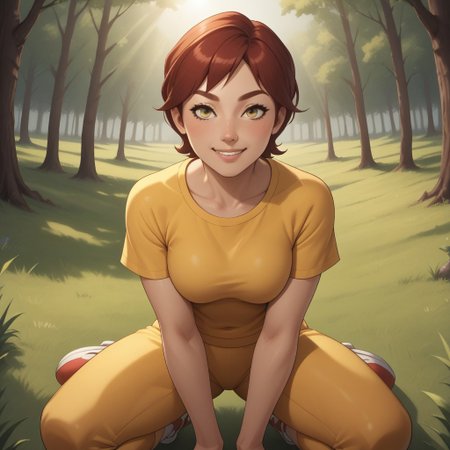 score_9, score_8, BREAK, solo, wii, mii, wii sports, 1girl, female mii, dark yellow eyes, dark red hair, blush, brown eyebrows, yellow clothing, white pants, shoes, nintendo mii, modern_mii, classic_mii, breasts, Emily_(Wii_Sports), cute, sexy pose, smile, outdoors, sunlight, shadows, evening lighting, natural lighting, forest, trees, grass, orange sky, sunset