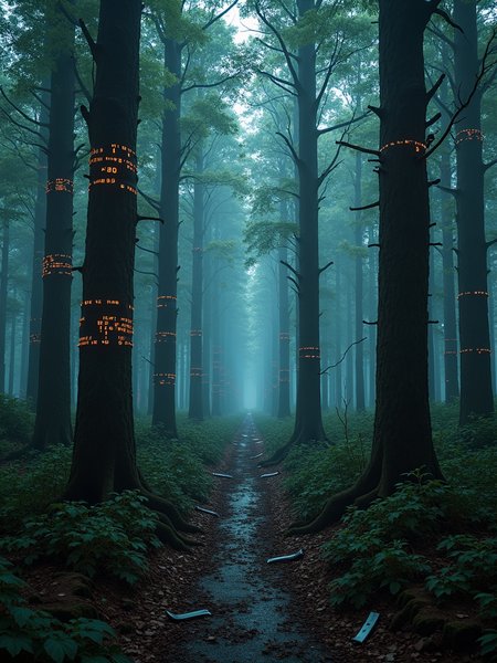 A dark forest with trees wrapped in flashing code, broken lenses and twisted metal on the ground, as if the world has been distorted by some unknown force.