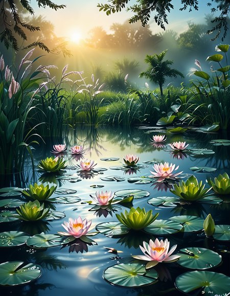 A highly detailed and realistic photograph of a serene lily pond surrounded by lush greenery. The calm water reflects the soft sunlight filtering through the overhanging trees. The surface is adorned with vibrant green lily pads, some with delicate pink and white water lilies in full bloom. A few dragonflies hover above the water, their wings catching the light. Gentle ripples create subtle distortions in the reflection of the sky and foliage. In the background, a dense array of reeds and aquatic plants frame the pond, adding depth and texture. The soft golden glow suggests late afternoon or early evening, enhancing the tranquil and picturesque atmosphere. The composition is balanced, drawing the viewerâs eye toward the natural beauty of the water lilies and their intricate details.
 <lora:SDXLFaeTastic2400:0.4> <lora:extremely_detailed:0.4> extremely detailed,<lora:lily_p0nd:1>,lily p0nd, Masterpiece,best quality,hi res,8k,hi res,8k,award winning,(sharp focus, intricate, highly detailed),