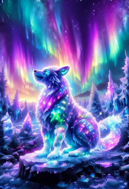 lazympos, morph-aurora, A platinum-tier animal sitting in  an aurora-lit crystal forest, prismatic light shards refract through ice formations, glowing celestial patterns dance across its obsidian collar, hyper-detailed fur texture with rainbow iridescence, 8k resolution.