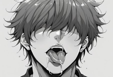 male focus, score_9, score_8_up, score_7_up, source_anime, rating_questionable, 1boy, solo, shunib, mature male, face close up, head focus, tongue out, drooling saliva, lips, uvula,
