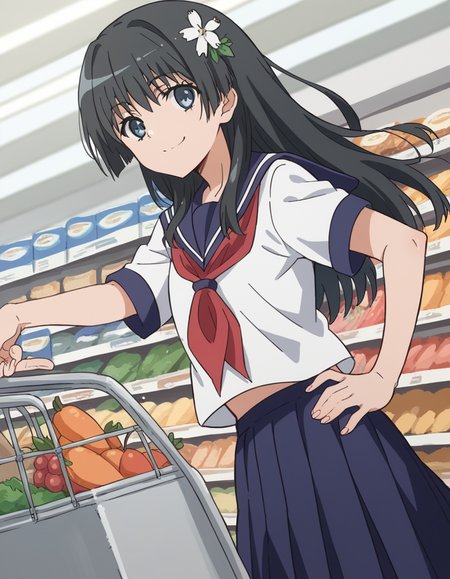 score_9, score_8_up, score_7_up, source_anime, <lora:saten-ruiko-s3-ponyxl-lora-nochekaiser:1>, saten ruiko, black hair, blue eyes, long hair, hair ornament, flower ornament,, blue skirt, pleated skirt, sakugawa school uniform, school uniform, serafuku, skirt, summer uniform,, grocery store, shopping cart, picking fruits, everyday life, , smile, looking at viewer, knee bent, hand on hip, arm outstretched, solo,, cowboy shot, dutch angle