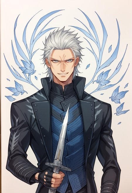 score_9, score_8_up,score_7_up, source_ anime, traditional art, <lora:dmc5_vergil_ponyXL:0.8> dmc5vergil, black coat, fingerless gloves, pants, smile, holding sword, 
<lora:Traditional_art_v4_USENEG:-0.8>