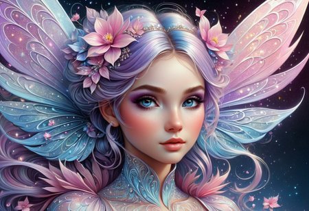 A hyper detailed digital airbrush hyper-realistic painting of an ultra realistic boujie little minature pixie on a rainbow in the style of Charlie Bowater,  fractal flowers, fractal watercolor, digital painting , hyperrealistic, well rendered, pink, light lilac, light blue, glitter white,  vibrant, cinematic, ornate well rendered, intricate, detailed james jean josephine wall jody bergsma ross tran amy brown brian froud in the style of anna liwang , charlie bowater and keith garvey